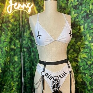 Sinful Angel Chain Harness Lingerie Set – White Two-Piece